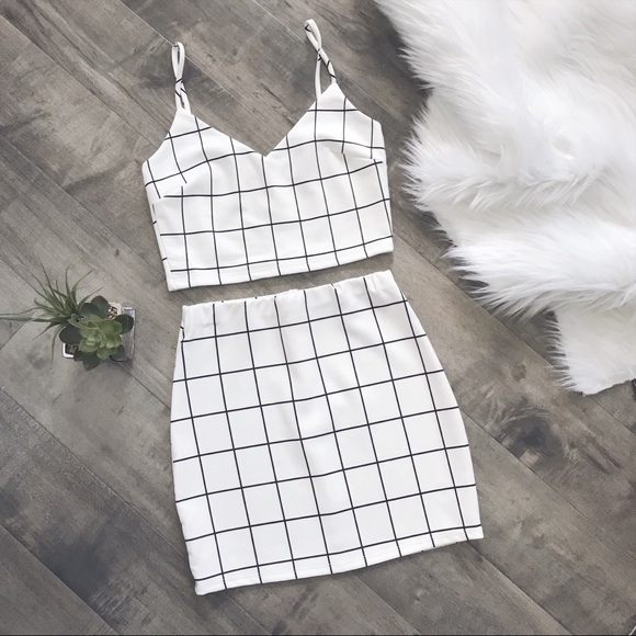 Plaid Crop Top and Skirt Set Black and White - Picture 6 of 7